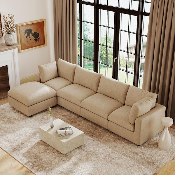 5-piece Brown Chenille Sectional Sofa 134 in. W Modular Free Combination Living Room Set with Removable Cover Couch