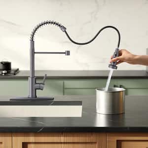 Single Spring Handle Kitchen Faucet with Pull Down Function Sprayer Kitchen Sink Faucet with Deck Plate in Gunmetal
