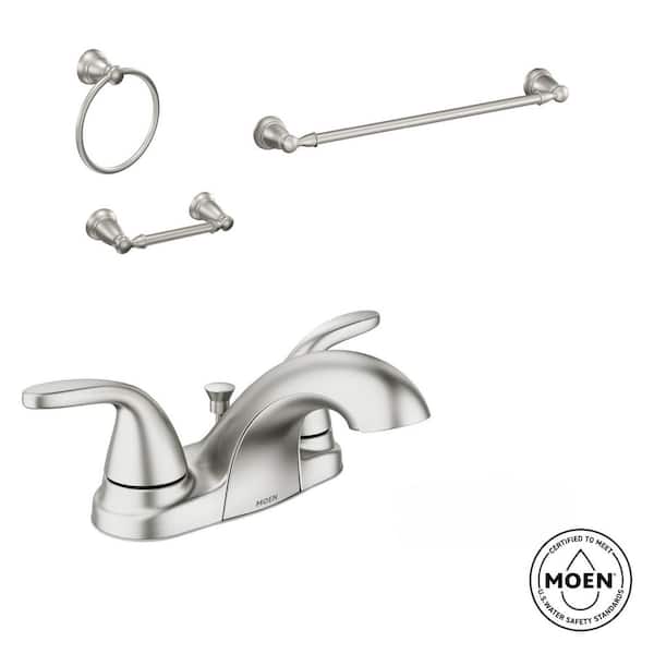 MOEN Adler 4 in. Centerset 2-Handle Bathroom Faucet Combo Kit with Hardware Set in Spot Resist Brushed Nickel
