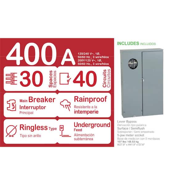 All-In-One, Homeline, CSED, Ringless Socket, 400 Amp, Surface/Semi, 30 Spaces, 40 Circuits, 25kA SCCR, 320 Lever Bypass