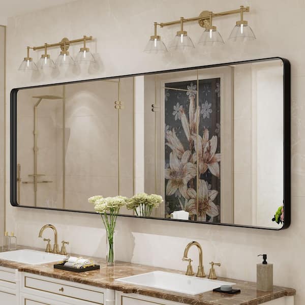 84 in. W x 32 in. H Rectangular Aluminum Alloy Framed and Tempered Glass Wall Bathroom Vanity Mirror in Matte Black