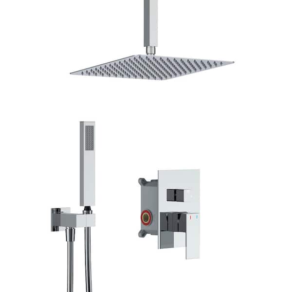 INSTER AIM 1-Spray 12 in. Square Ceiling Mount Rainfall Shower Head and Fashion Hand Shower in Chrome (Valve Included)