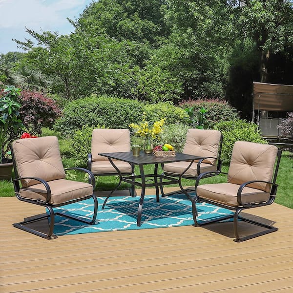 PHI VILLA Black 5-Piece Metal Patio Outdoor Dining Set with Slat Square Table and C-Spring Chairs with Beige Cushions