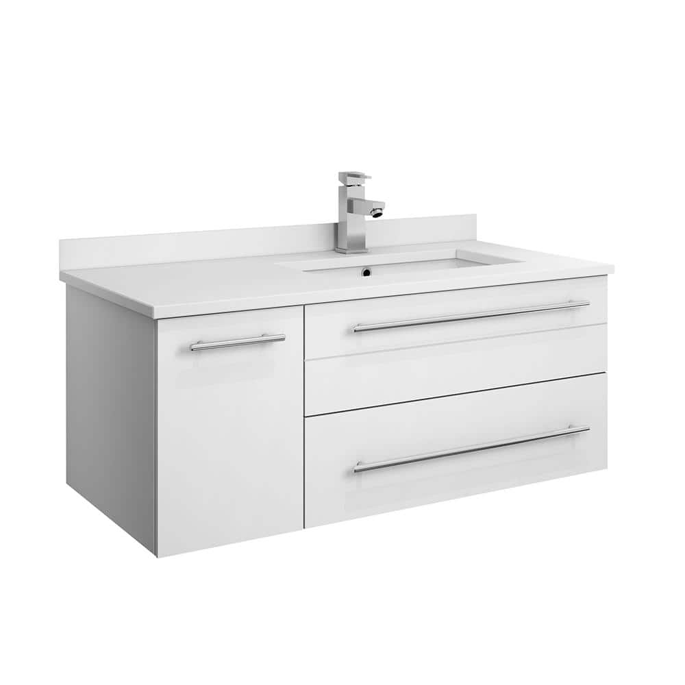 White 36" Wall-Mount Vanity with Quartz Top and Ceramic Sink
