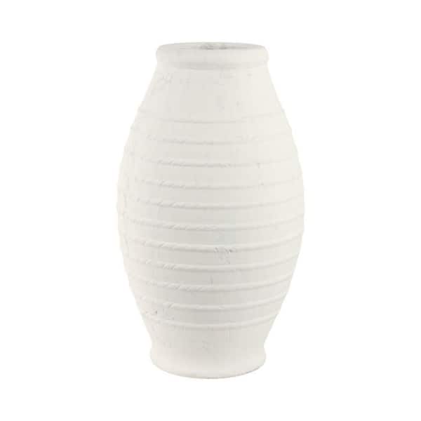 20 in. White/Ivory Terra Cotta Round Rope Ribbed Decorative Vase