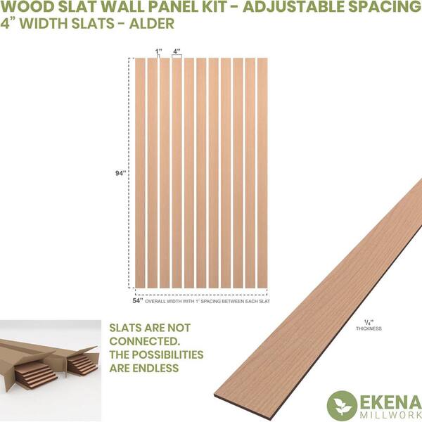 Ekena Millwork SWW55X94X0250AL 94H x 1/4T Adjustable Wood Slat Wall Panel Kit w/ 4W Slats, Alder (contains 11 Slats)