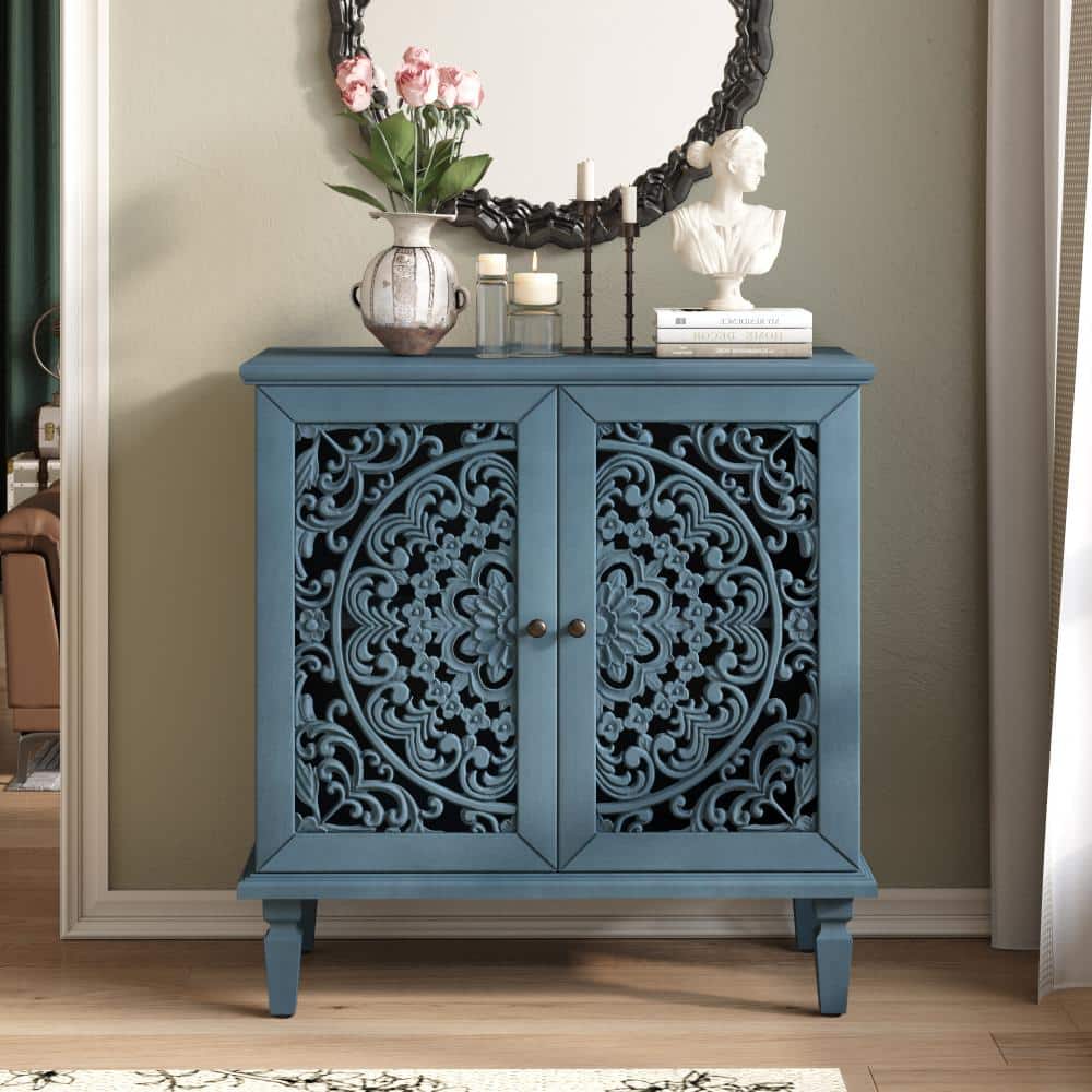 Antique Blue Cabinet with Hollow Floral Carving, Adjustable Shelf, Support Legs