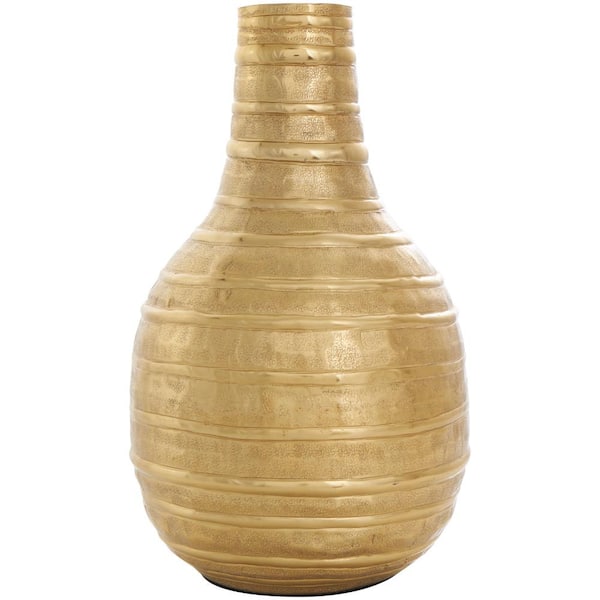 Litton Lane 13 in. Gold Snakeskin Inspired Metal Decorative Vase with Dimensional Linear Accents