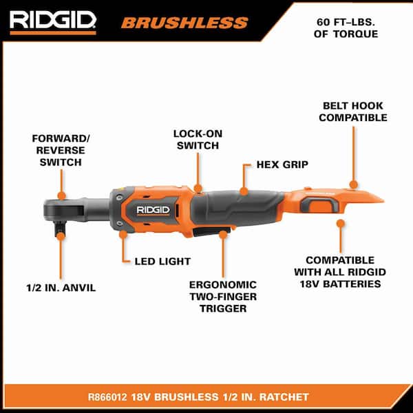 RIDGID R866012B 18V Brushless Cordless 1/2 in. Ratchet (Tool Only) - 3