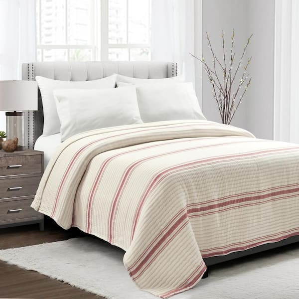 Lush Decor Farmhouse Stripe Kantha Pick Stitch Yarn Dyed Cotton Woven Quilt/Coverlet Red Single Cotton Full/Queen