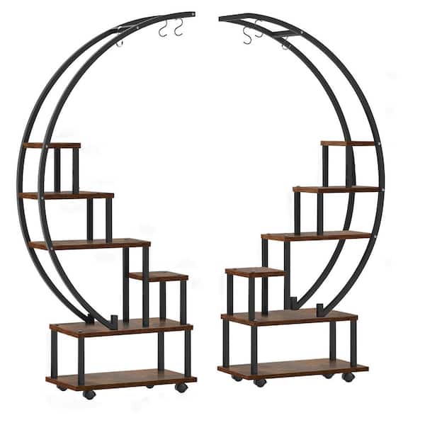 SEEUTEK 44 in. W x 13.8 in. D x 66.7 in. H Indoor/Outdoor Brown Metal 6-Tier Tall Half Moon Shaped Plant Stand with Hanging Loop
