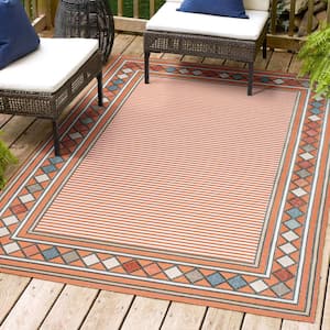 Sebastian Orange/Ivory 8 ft. x 10 ft. High-Low Modern Diamond Border Indoor/Outdoor Area Rug