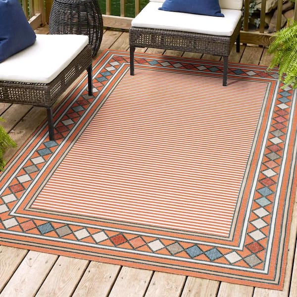 JONATHAN Y Sebastian Orange/Ivory 8 ft. x 10 ft. High-Low Modern Diamond Border Indoor/Outdoor Area Rug