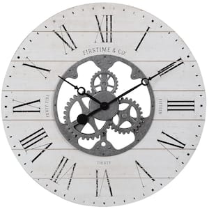 FirsTime & Co. White Shiplap Gears Wall Clock