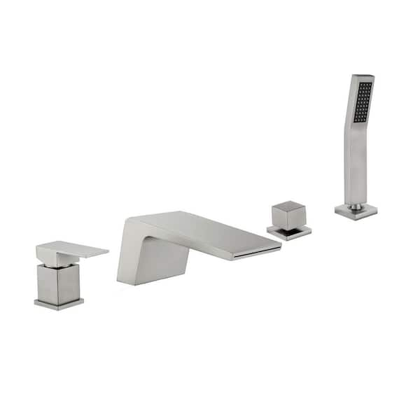 Single-Handle Waterfall Deck-Mount Roman Tub Faucet with Hand Shower Modern Brass Bathtub Filler in. Brushed Nickel