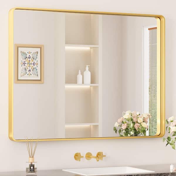 40 in. W x 30 in. H Modern Rectangular Aluminum Framed Wall Bathroom Vanity Mirror in Brush Gold Bathroom Mirrors