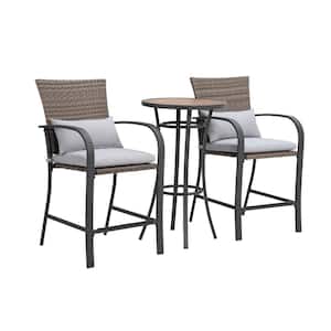 2-Piece Wicker Outdoor Dining Chair Armchair with Grey Cushion (Set of 2)
