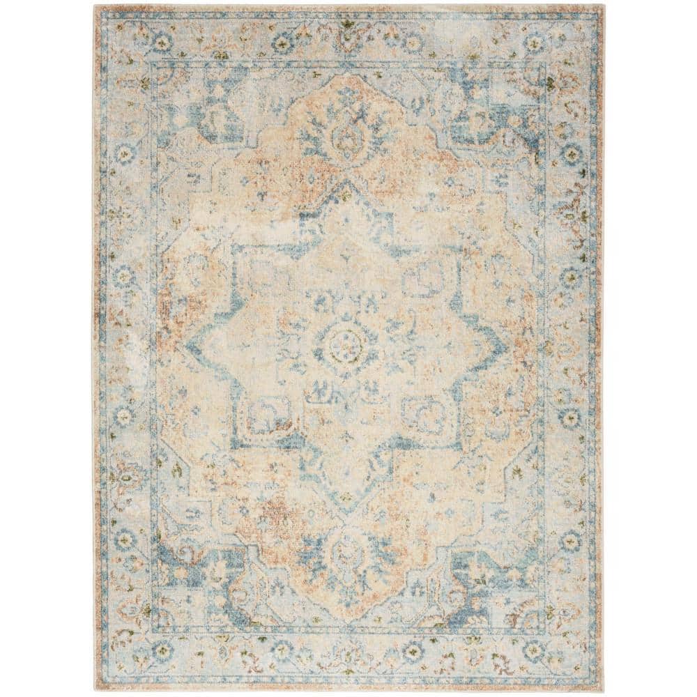Beige Blue Medallion Synthetic 4' x 6' Washable Rug