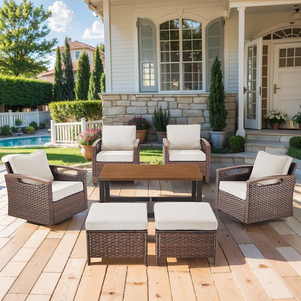 Kelsey Beige 7-Piece Brown Wicker Patio Conversation Set with 2 Swivel Chairs, 2 Armchairs and 2 Ottomans