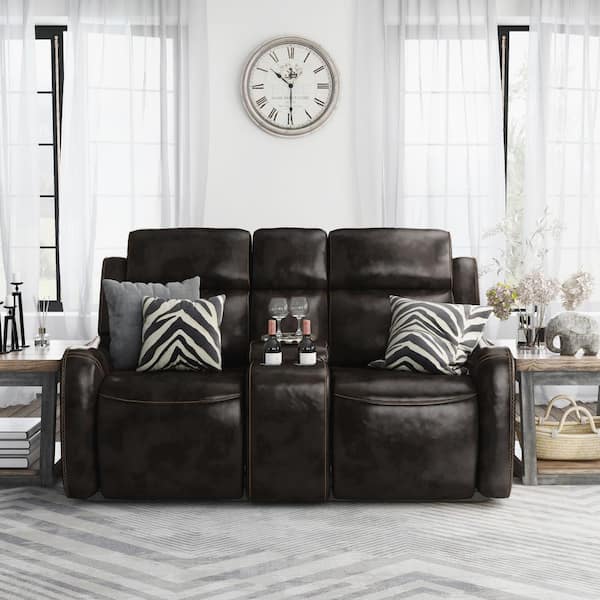 Furniture of America Chapmin 69.5 in. Dark Brown Faux Leather 2-Seat  Loveseat with Cup Holders IDF-9906-LV - The Home Depot