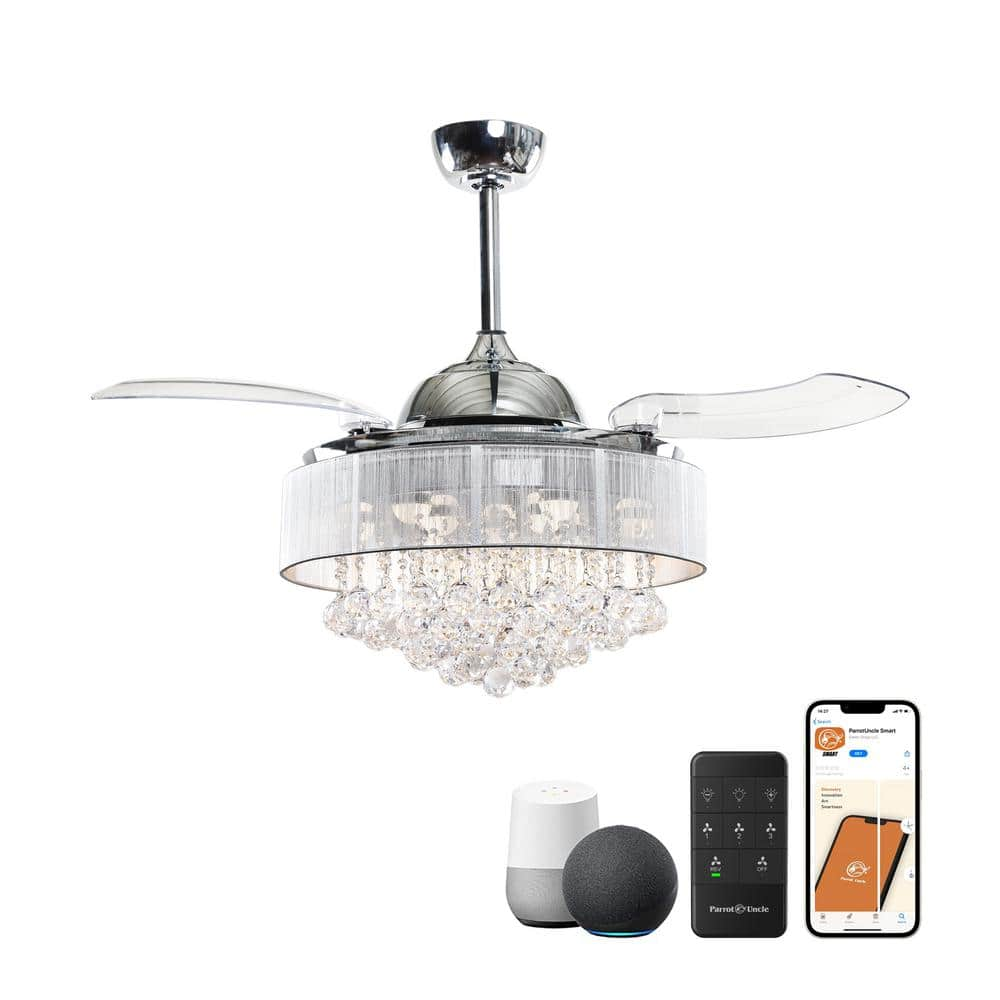 42 in. LED Indoor Chrome Smart Crystal Ceiling Fan with Light and Remote, Works with Google Home & Alexa & Ecobee & Tuya -  Parrot Uncle, F4601WY-SMART