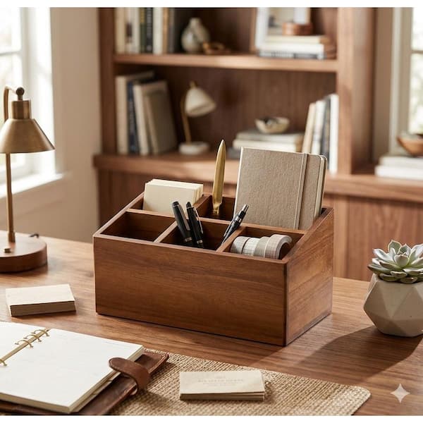 Acacia Wood Utensil Holder Kitchen Organizer with 6 Compartments and Adjustable Dividers for Countertop Storage