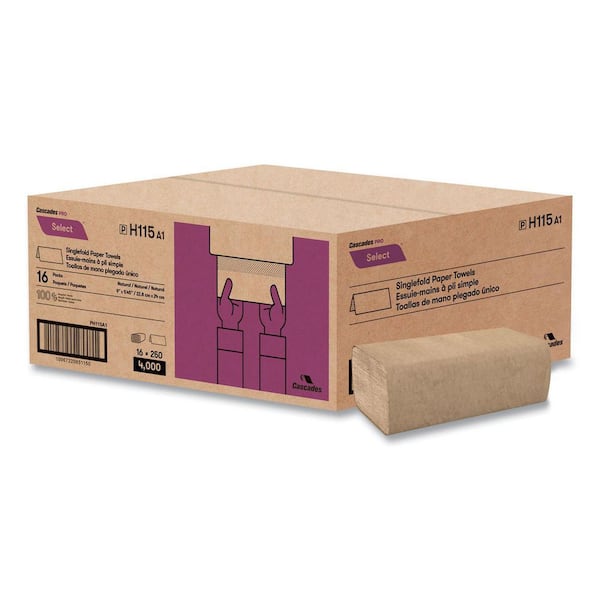 Select Folded Paper Towels, Singlefold, Natural, 9 in. x 9.45 in., (250-Pack, 16-Carton)