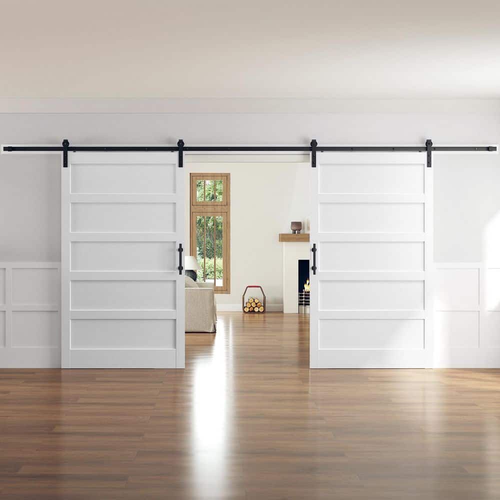 96 in. x 84 in. (Double 48 in. Doors) 5-Panel Solid MDF White Finished Interior Sliding Barn Door with Hardware Kit price history on PriceWatchPro
