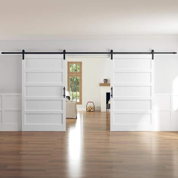 easelife 96 in. x 84 in. (Double 48 in. Doors) 5-Panel Solid MDF White Finished Interior Sliding Barn Door with Hardware Kit
