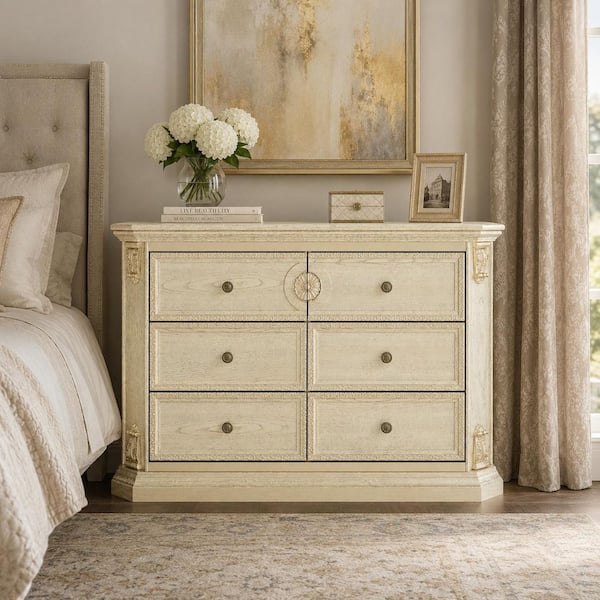 Kingdely Light Antique Champagne Gold Finish 6 Drawer 41.7 in. W Chest of Drawers, Dresser, Sideboard in Vintage Glam Style L-THD-200326-01-qkc