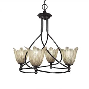 Royale 4-Light Dark Granite Chandelier, Round Chandelier with 7 in. Vanilla Leaf Glass Shades, No bulbs included