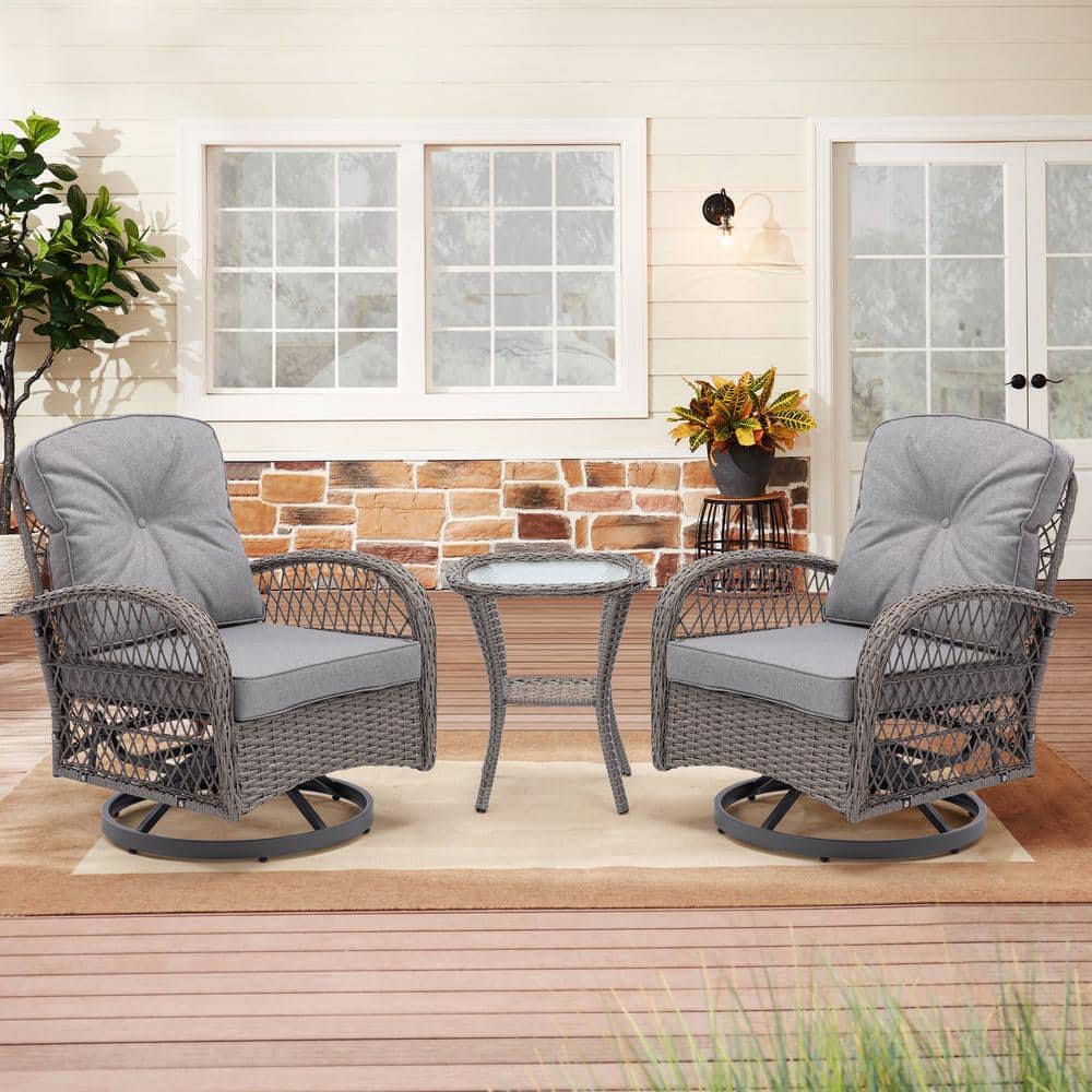 3-Piece PE Wicker Swivel Outdoor Rocking Chair Set with Coffee Table & Gray