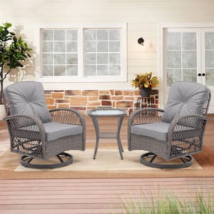 3-Piece PE Wicker Swivel Outdoor Rocking Chair Set with Coffee Table & Gray Cushions