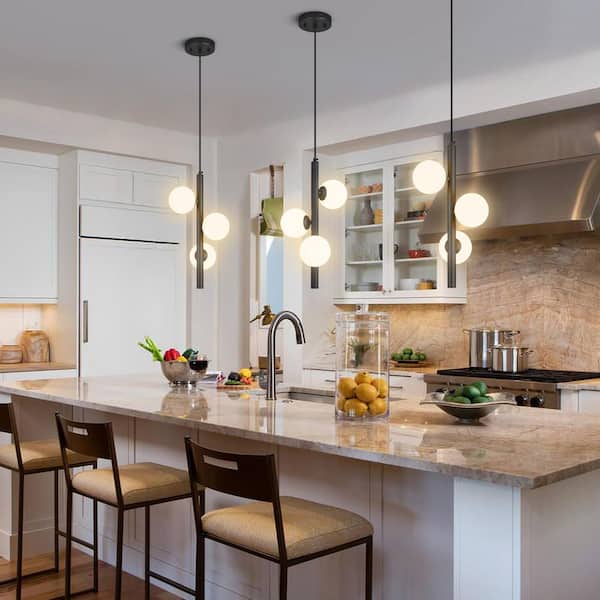 Home -Lighting 40-Watt 3-Light 4.13 in. Modern Black Glass Ball Chandelier, for Kitchen Islands, Bedrooms & Dining Rooms