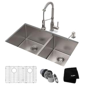 Standart PRO All-in-One Undermount Stainless Steel 33 in. Double Bowl Kitchen Sink with Faucet in Stainless Steel