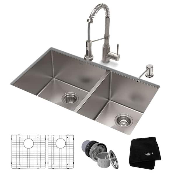 KRAUS Standart PRO 33 in. Undermount Double Bowl 16 Gauge Stainless Steel Kitchen Sink with Faucet in Stainless Steel
