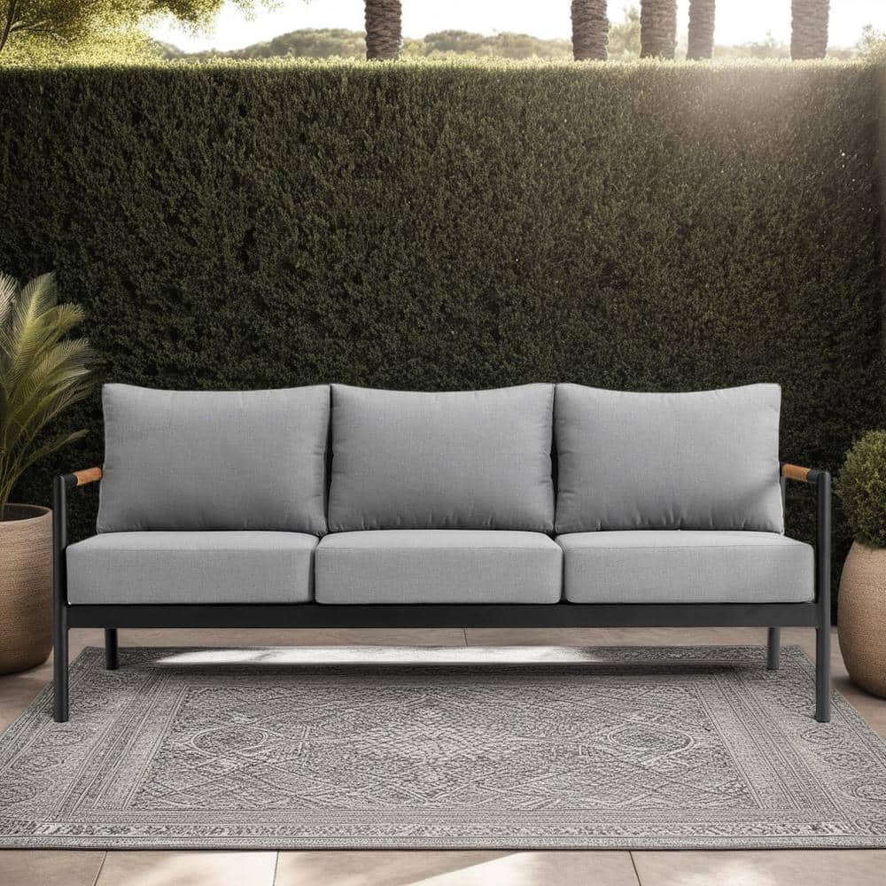 Crown Black Aluminum and Teak Wood Outdoor Sofa with Dark Gray Cushions
