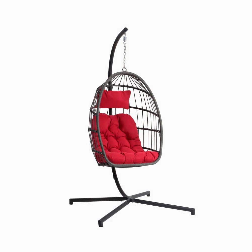 Red Cushion Metal Outdoor Garden Rattan Egg Swing Chair Hanging Chair Dark