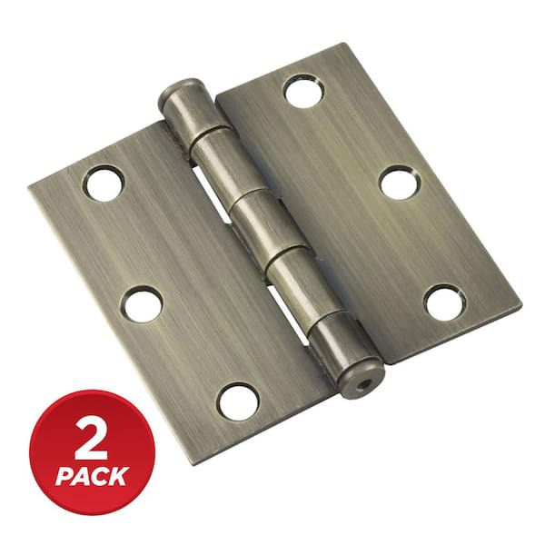 3-1/2 in. x 3-1/2 in. Antique Brass Full Mortise Butt Hinge with Removable Pin (2-Pack)