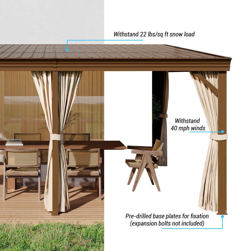 Mondawe 12' x 16' Brown Aluminum Hardtop Gazebo with Curtains