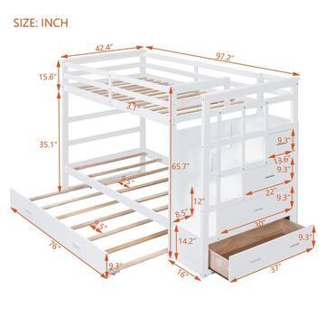 White Twin Over Twin Wood Bunk Bed with Trundle and Storage Staircase