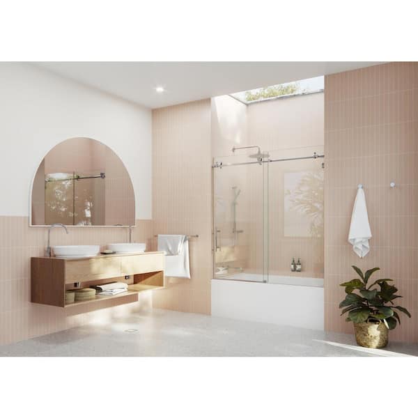 Glass Warehouse 56 in. W x 60 in. H Sliding Frameless Bath Tub Shower Door in Chrome Finish