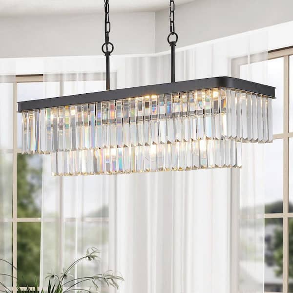 33.5 in. W 11 Lights Rectangular Crystal Chandelier, Luxurious Pendant, E12, No Bulbs Included, Black