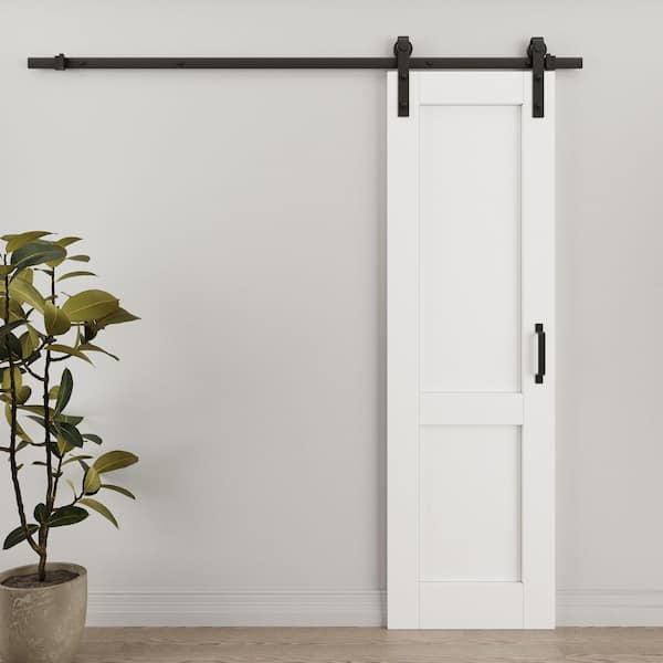 18 in. x 80 in. Paneled 2-Lite White Primed Solid Core MDF Sliding Barn Door with Hardware Kit