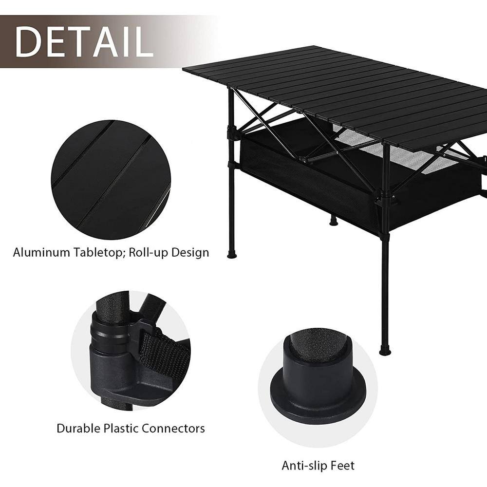 46.5" Black Aluminum Roll-Up Camping Table with Mesh Storage