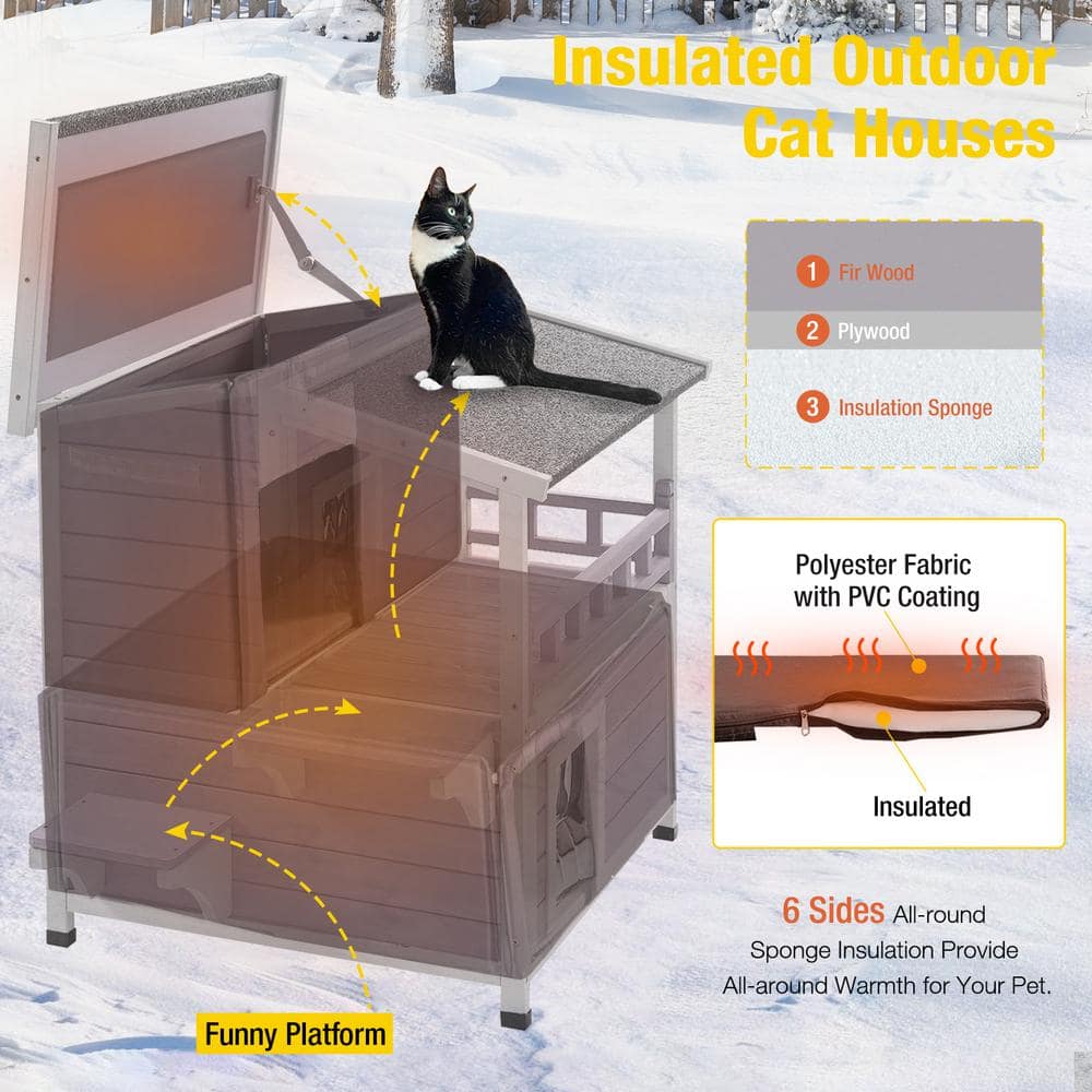 Insulated Two-Story Gray Outdoor Cat House with PVC Door