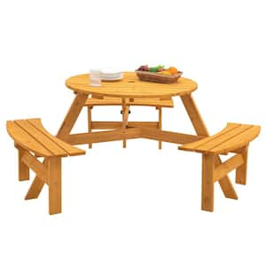 66.92 in. Natural Circular Wood Outdoor Picnic Table Seats 6 People with 3 Built-in Benches and Umbrella Hole