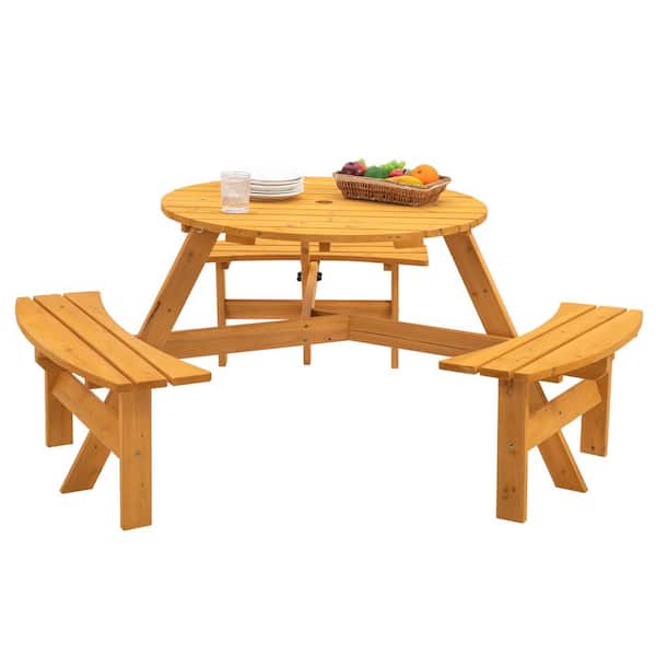 Unbranded 66.92 in. Natural Circular Wood Outdoor Picnic Table Seats 6 People with 3 Built-in Benches and Umbrella Hole