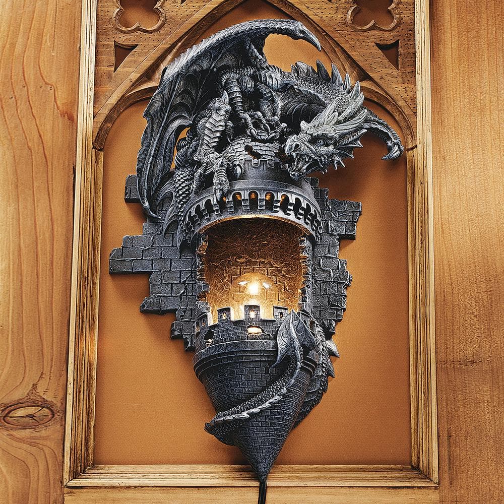 Gothic Dragon Castle Turret Wall Sconce in Grey Stone