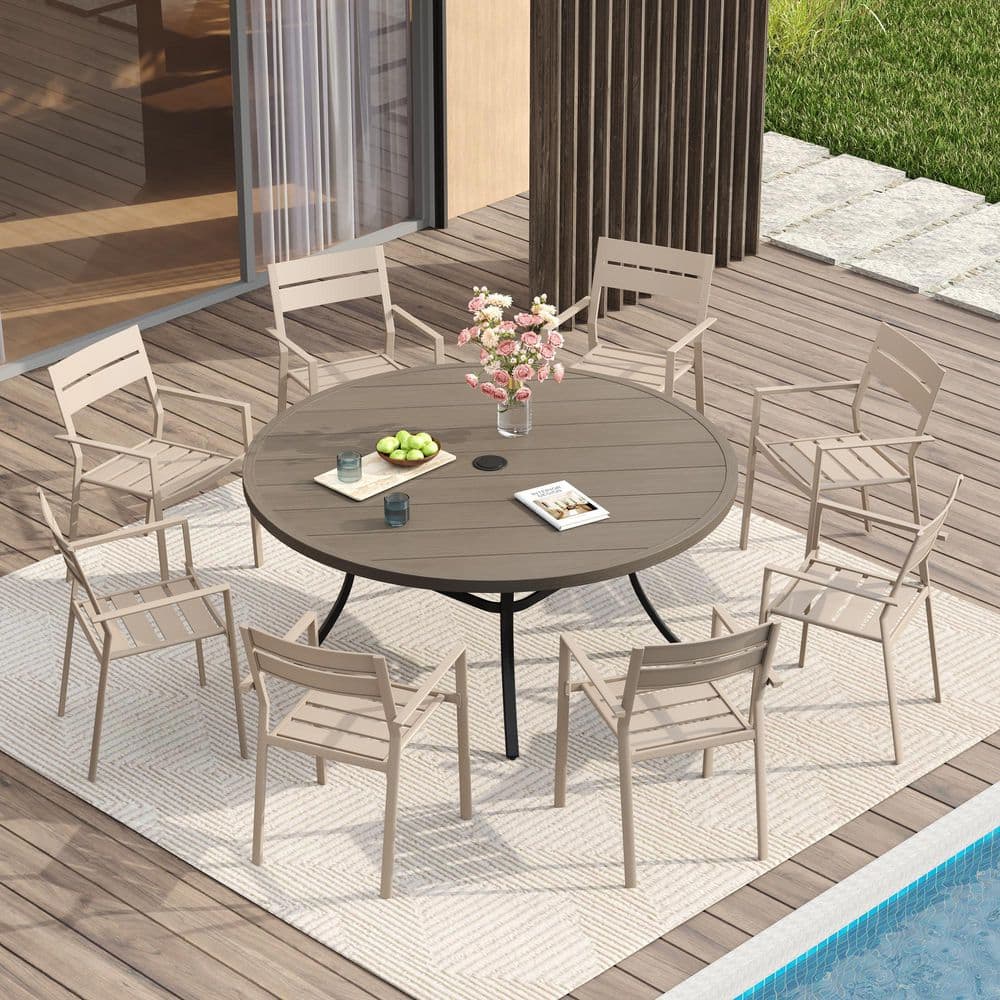 Gray Wood-Like 9-Piece Metal 53 in. Slat Round Table Outdoor Patio Dining Set with 8 Sandshell Stackable Chairs price history on PriceWatchPro